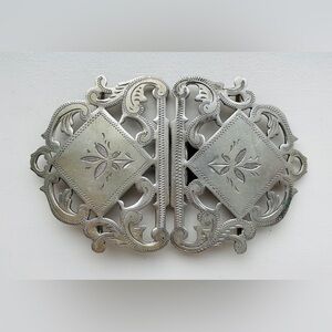 Antique Victorian Nickel Silver Belt Buckle | Floral Pierced Two Piece | FP NS